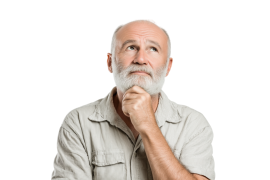 elderly man with contemplative expression, hand on chin isolated on white background