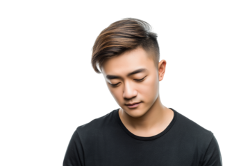  pensive young man with trendy hairstyle looking down with thoughtful expression isolated on white background