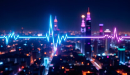 Neon Heartbeat Overlay on Cityscape at Night