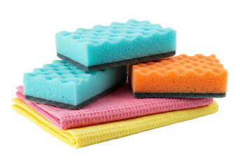 Colorful cleaning sponges and cloths stacked together Isolated on transparent background