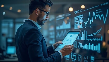 Fototapeta premium Man in suit analyzes financial data on tablet in front of glowing futuristic dashboard