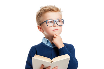  thoughtful young boy wearing glasses reading book isolated on white background