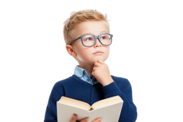  thoughtful young boy wearing glasses reading book isolated on white background