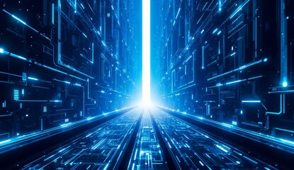 Futuristic digital corridor with glowing blue light and intricate circuit patterns