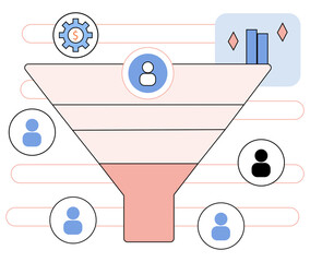 Flat Infographic Showing a Funnel-Shaped Chart With User Icons Flowing Downward, Representing a Business Growth Concept With Clean Minimal Design