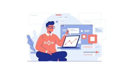 Freelance Developer Working On Laptop With Infographic Elements Vector Design