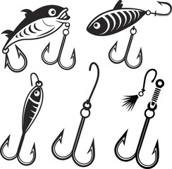 Fishing lure vector set with realistic bait fish and treble hooks illustration