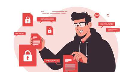 Frustrated Man Encounters Ransomware Attack On Digital Files And Needs Data Protection