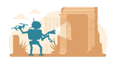 Futuristic Archaeological Expedition Exploring Ancient Ruins With Robot And Drone