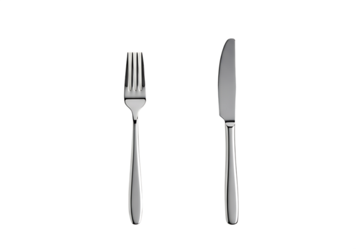 Elegant silverware set featuring a fork and knife against a rich Isolated on transparent background