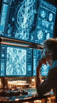 AI researcher surrounded by monitors showing neural networks and code simulations. Handheld. 4K.  
