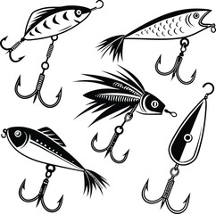 Fishing lure vector set with realistic bait fish and treble hooks illustration