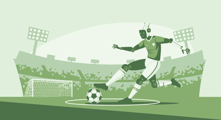 Futuristic Football A Robot Player Kicks The Ball On The Stadium Field