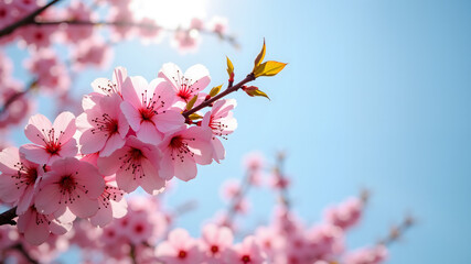 Colorful cherry blossoms on branches, scenic view against clear blue sky. Bright pink flowers in spring in blooming garden
