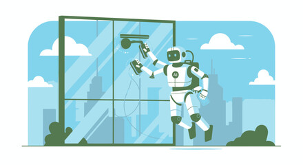 Futuristic Robot Cleaning Windows of a Modern Building for Efficiency and Precision