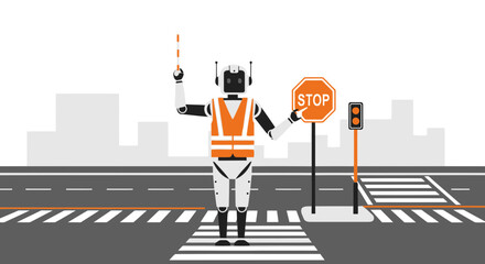 Futuristic Traffic Control Robot Directing Pedestrians Safety At Crosswalk