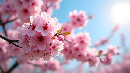 Colorful cherry blossoms on branches, scenic view against clear blue sky. Bright pink flowers in spring in blooming garden