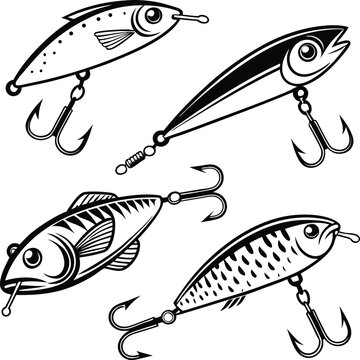 Fishing lure vector set with realistic bait fish and treble hooks illustration