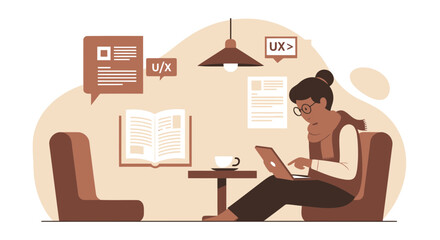 Girl Working On Laptop Illustration For Ux Design Project In Comfortable Workspace