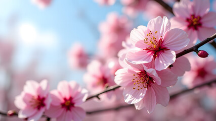Colorful cherry blossoms on branches, scenic view against clear blue sky. Bright pink flowers in spring in blooming garden
