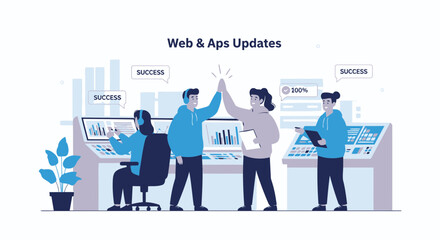 Team Celebrating Web Applications Update Success in a Modern Office Space