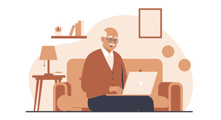Happy Senior Man Using Laptop Computer on Sofa At Home