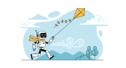 Happy Robot Running With Kite Outdoors Under A Beautiful Blue Sky Illustration