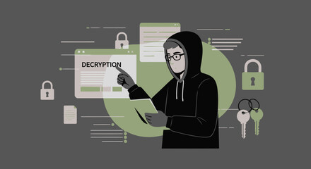 Hacker Performing Encryption Operation on Screen Device Threat Security System