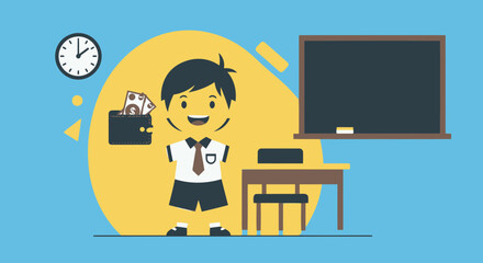 Happy Student Holding Wallet With Money In Classroom Education Illustration