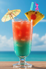 Refreshing tropical cocktail with vibrant layers against a sunny beach background. Generative AI