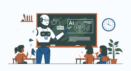 Innovative Education Robot Teacher Guiding Students In Classroom Environment