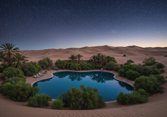 Starlit desert oasis with a tranquil pool surrounded by lush greenery and sand dunes at dawn. Generative AI