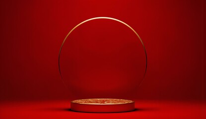 Circular glass dome covering a golden base against a vibrant red background