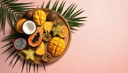 Exotic tropical fruits arranged on a wooden platter, bright colors, soft shadows.