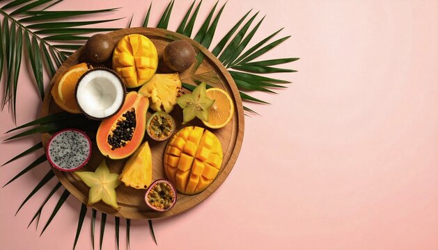 Exotic tropical fruits arranged on a wooden platter, bright colors, soft shadows.