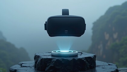 Futuristic virtual reality headset levitates above a glowing platform on a misty mountain peak