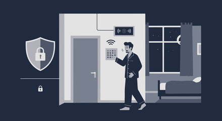Man Activating Home Security System At Night For Residential Protection