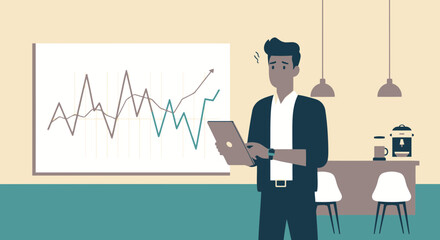 Man Analyzes Stock Market Data with Laptop and Concerned Expression in Office