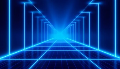 Neon Blue Grid Tunnel with Symmetrical Light Beams