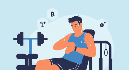 Man Checking Crypto Price On Smartwatch After Workout At The Gym