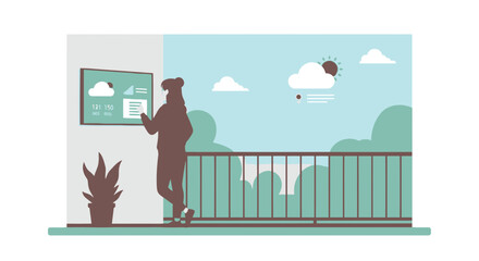 Woman Checking Smart Home Energy Usage On Screen Balcony View Environment