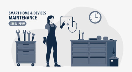 Woman Engineer Using Tablet For Controlling Smart Home Devices And System Maintenance