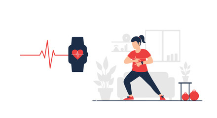 Woman Exercising With Smartwatch Tracking Heart Rate For Fitness Monitoring At Home