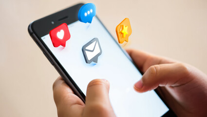 Child using social media, holding smart phone with icons of like, comment, star over it. Young kid playing on smart phone. children's cybersecurity, social media addiction, communication