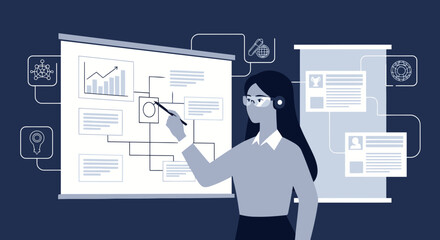 Woman Explaining Business Strategy Flowchart Concept Presentation For Corporate Development