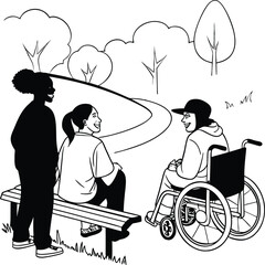 Friends talking on a bench with disabled man in wheelchair silhouette illustration