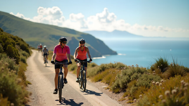 Cyclists enjoy a scenic ride along the coast on a beautiful trail on a sunny day, active leisure and travel theme
 - Powered by Adobe