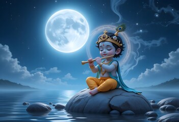 Little Krishna Playing Flute Under Moonlit Sky