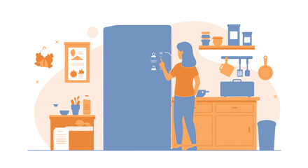 Woman Interacts With Smart Refrigerator Interface For Managing Food And Appliances