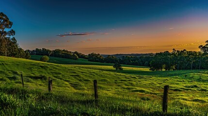 Obraz premium Vibrant Twilight Meadow with Wildflowers Under Gradient Magenta Sky, Expansive Open Field Landscape Featuring Golden Horizon Glow and Distant Tree Silhouettes, Empty Space